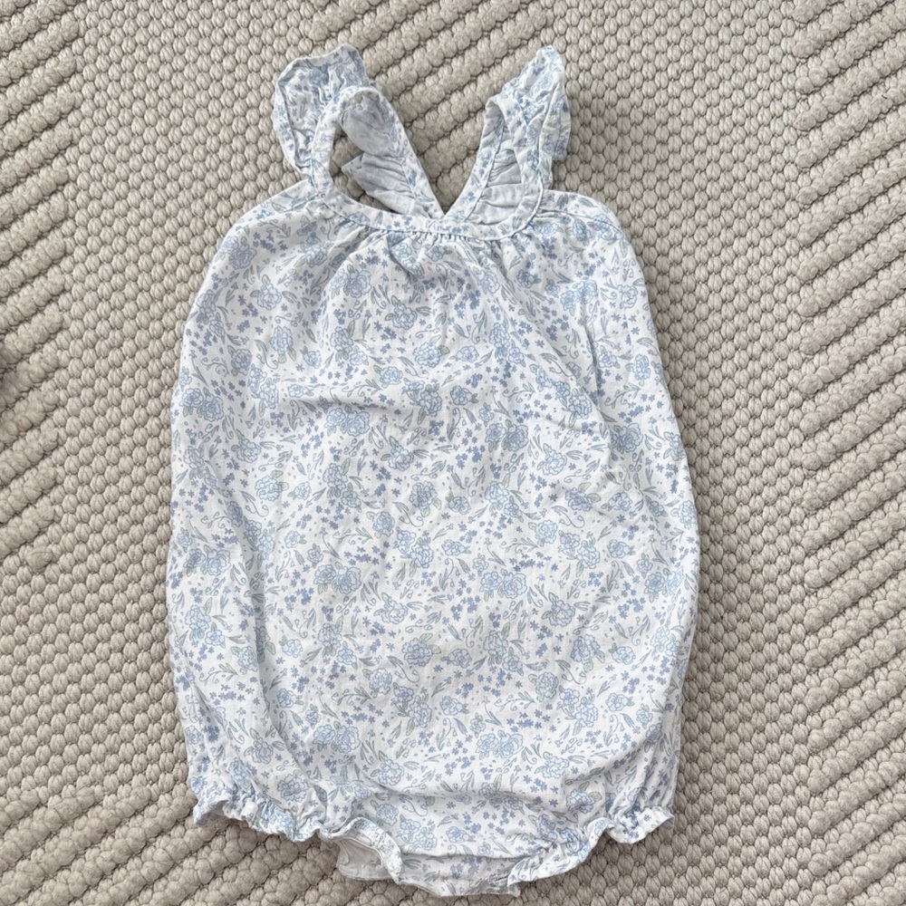 Bunnie Lou Blue & White Floral Ruffle Strap Bubble Romper Baby Girl 12 Months